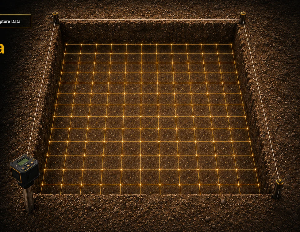 A square excavation pit with exactly four exterior stakes and a projected grid covering the entire floor