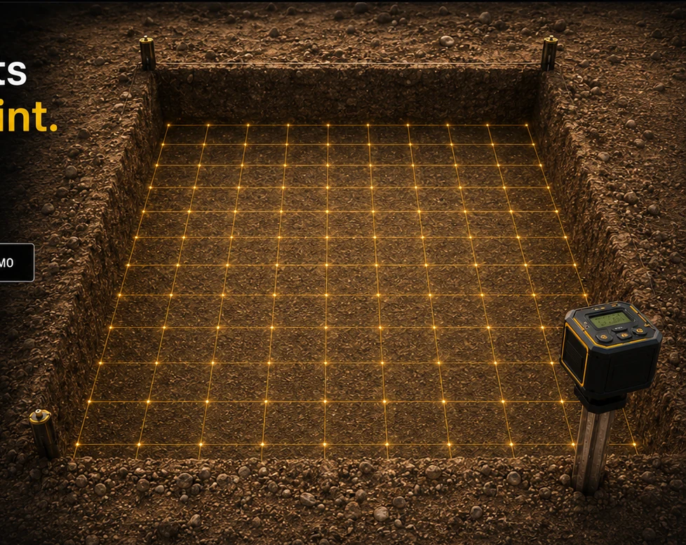 A square excavation pit with a projected grid covering the full floor and four exterior corner stakes, including TheStake device