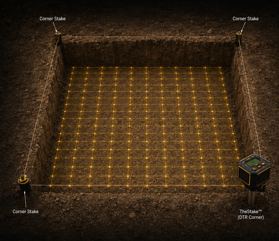Four stakes immediately outside the corners of a square excavation pit with the projected grid covering the entire floor