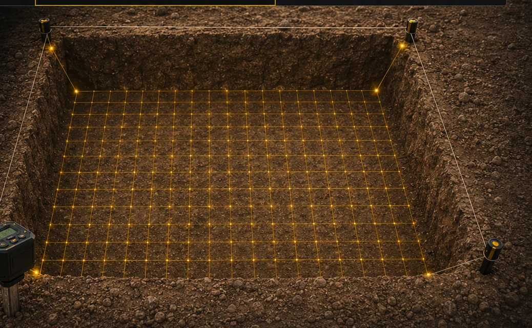 Square excavation with exactly four exterior corner stakes and a full-floor projected grid